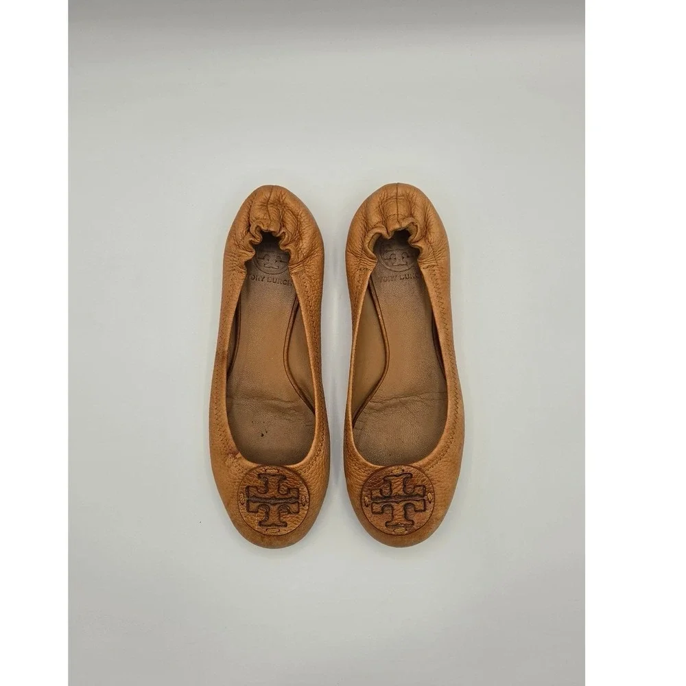 Tory Burch Reva Women Flats Sz 7 Tan Tumbled Leather Ballet Logo